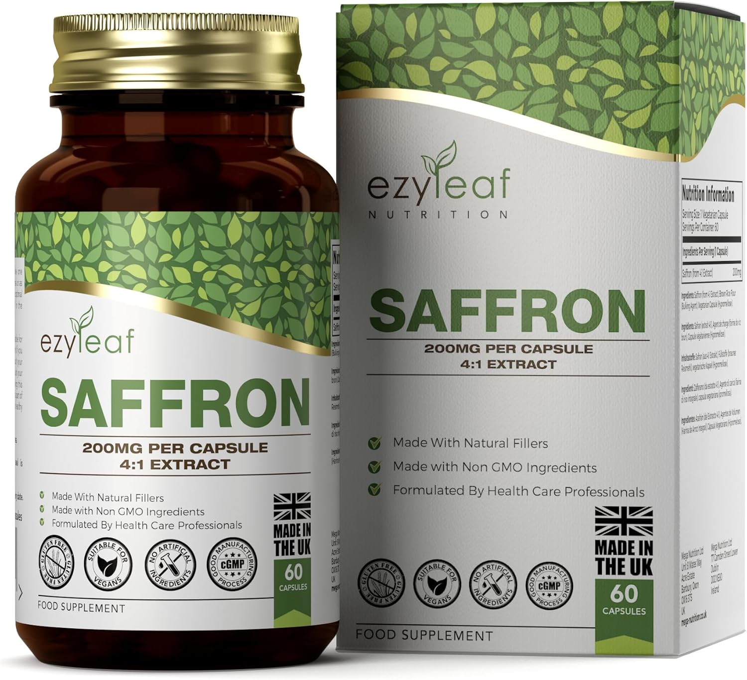 Ezyleaf Safran Supplément - 60 Safran Gelules à Haute Teneur - 200mg Saffron D'extrait par Portion - Sans OGM sans Gluten sans Produit ni Allergène - Fabriqué au Royaume-Uni 60 unité (Lot de 1)