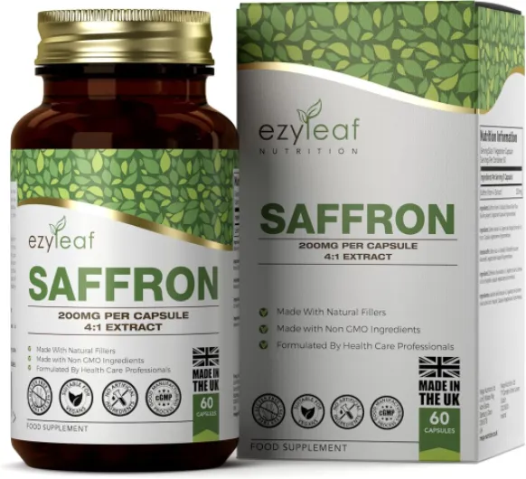 Ezyleaf Safran Supplément - 60 Safran Gelules à Haute Teneur - 200mg Saffron D'extrait par Portion - Sans OGM sans Gluten sans Produit ni Allergène - Fabriqué au Royaume-Uni 60 unité (Lot de 1)