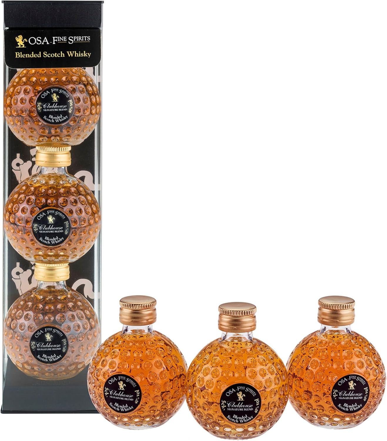CLUBHOUSE - Coffret 3 Minis Balles de Golf O.S.A - Blended Whisky Écossais - 40% Alcool - Origine : Écosse - Notes fruitées & poivrées - A servir sur glace ou en cocktail - Coffret de 3x5 cl