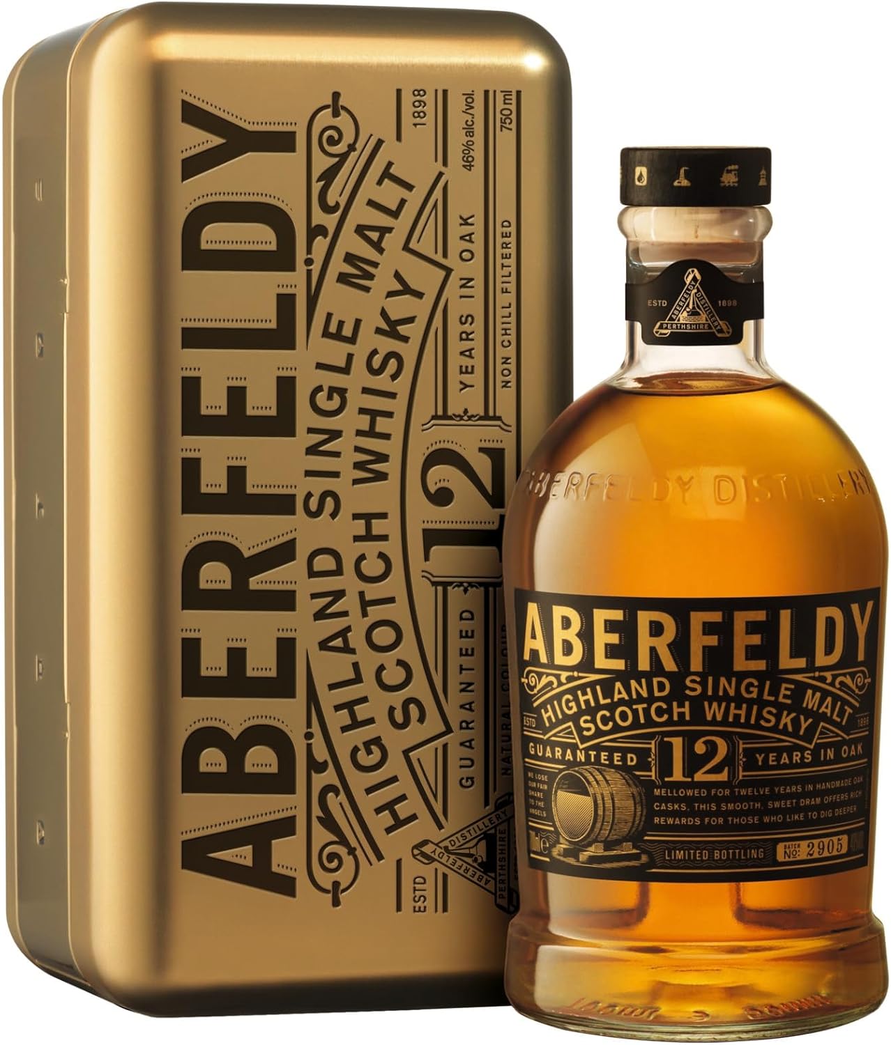 Coffret Cadeau Doré Aberfeldy 12 Year Old Single Malt Scotch Whisky, 40 % vol., 70 cl / 700 ml, Whisky premium vieilli dans quatre types de fûts 12 Ans Gold Bar 70cl