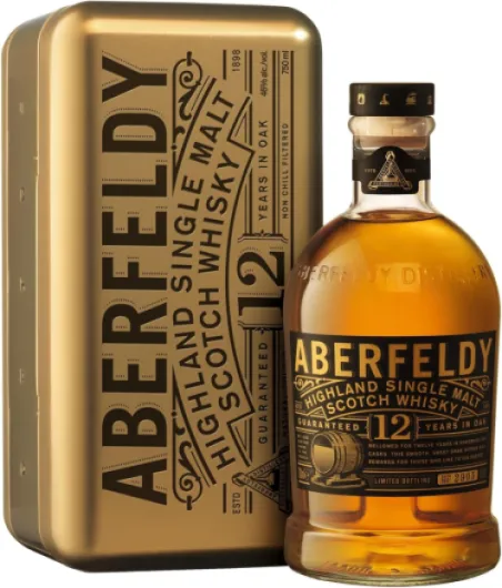 Coffret Cadeau Doré Aberfeldy 12 Year Old Single Malt Scotch Whisky, 40 % vol., 70 cl / 700 ml, Whisky premium vieilli dans quatre types de fûts 12 Ans Gold Bar 70cl