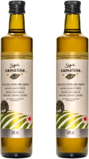 Huile de caméline vierge - 2 x 500ml - Pressée à froid - Huile de finition et de cuisson - Élevée en Omega-3 - Point de fumée 246°C/475°F - Substitut à l'huile d'olive - Produit au Canada - Pack of 2