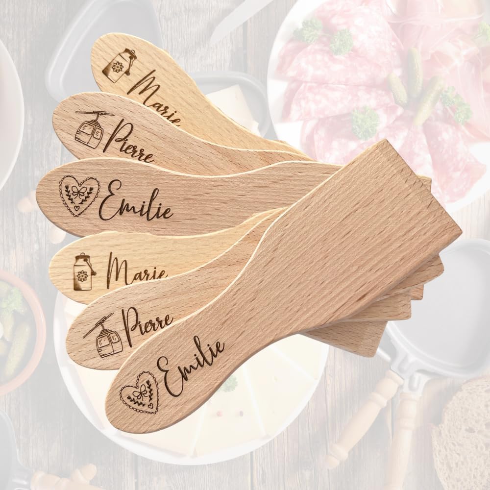 Spatule à raclette en bois personnalisable - Lot de 6 spatules - Bois Français - Motifs et prénom au choix