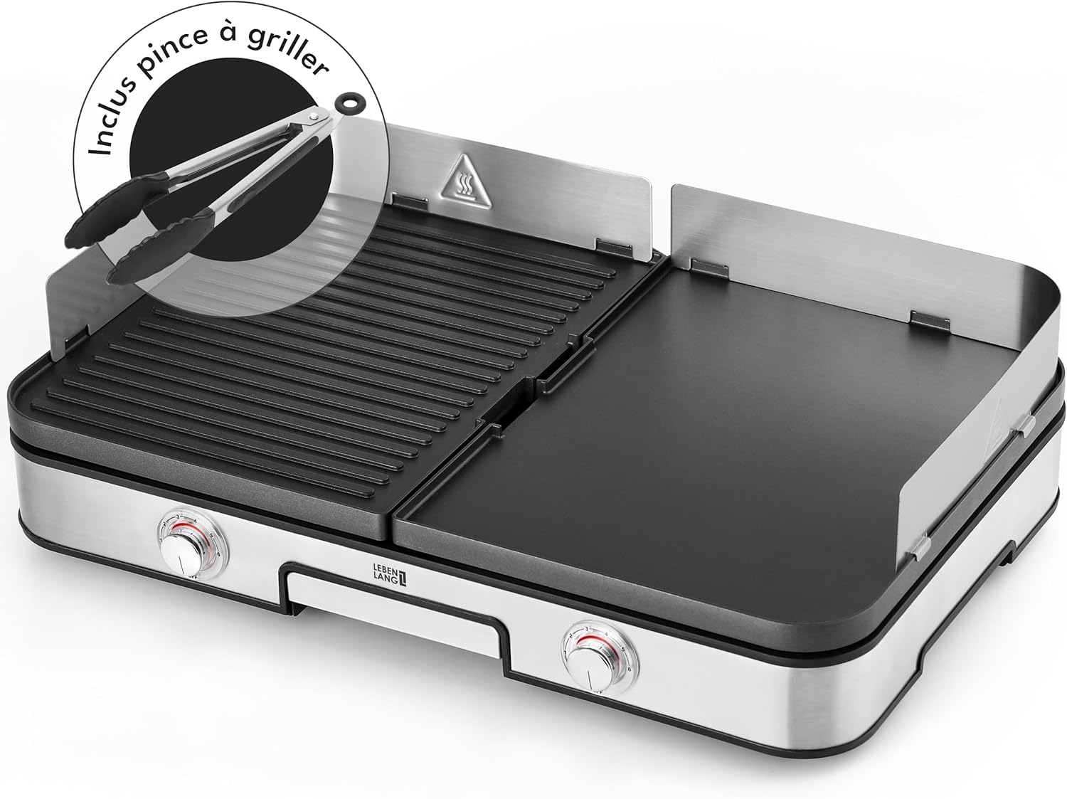 LEBENLANG 2400W Plancha électrique - Avec pince à barbecue & Protection contre les éclaboussures I Pour intérieur & exterieur I Plancha grill electrique Inox Grills électriques XXL
