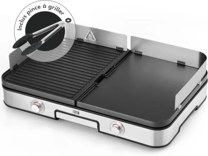 LEBENLANG 2400W Plancha électrique - Avec pince à barbecue & Protection contre les éclaboussures I Pour intérieur & exterieur I Plancha grill electrique Inox Grills électriques XXL