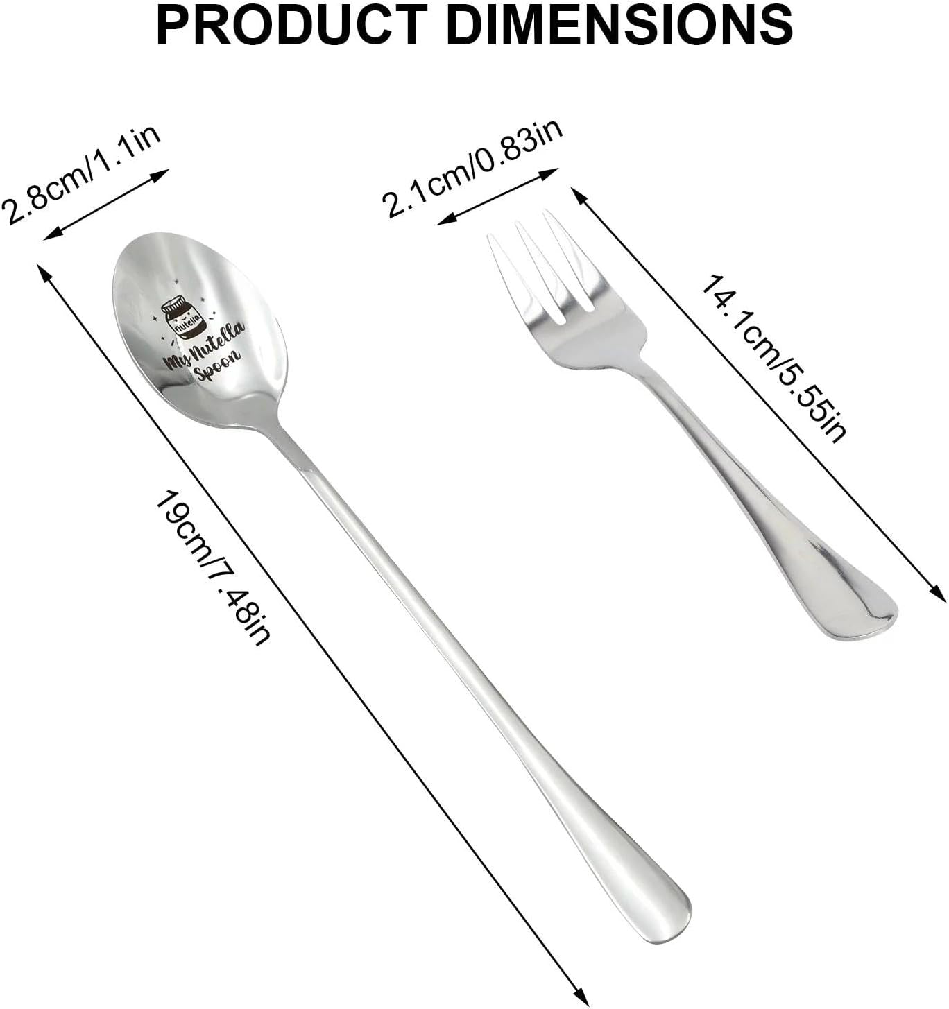 LOLANIUT Coffret personnalisé 3 pièces de cuillères et fourchettes à dessert – Accessoires de petit-déjeuner, cuillères gravées pour Nutella, cuillère de 19 cm de long, coffret cadeau pour femmes