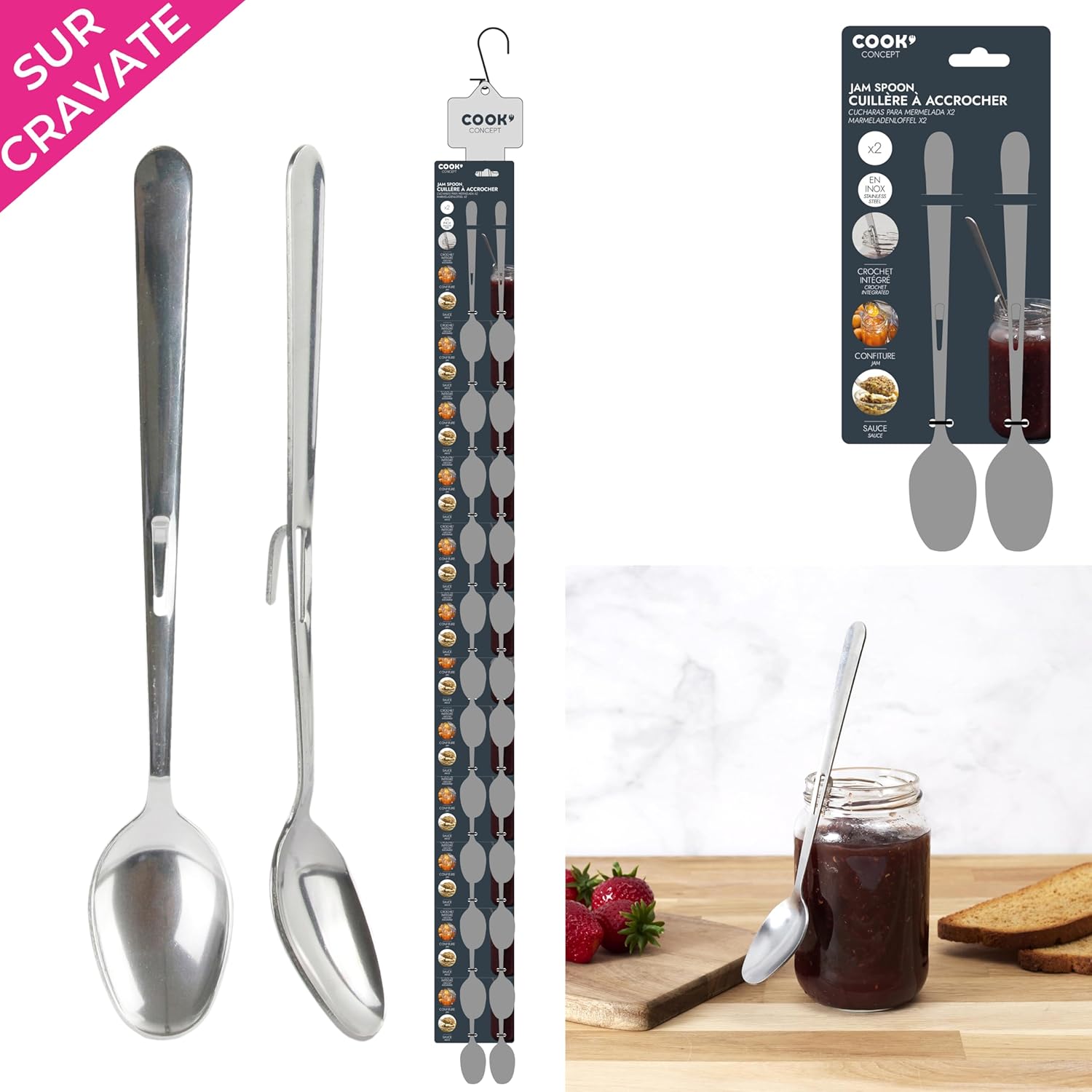 COOK CONCEPT - KU6317 Cuillères Long Manche Inox pour Confiture - Adaptées au Rebord des Pots - Lot de 2 - Dimensions : 19 x 3 x 2,5 cm - Couleur : Gris