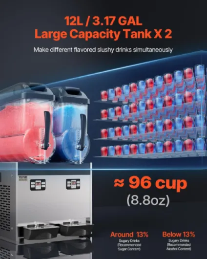 Machine à Granité Commerciale 2x12 L Double Réservoir, Machine à Boissons Glacées en Inox de 96 Tasses, Distributeur de Boissons Frappées Granitas Margarita Smoothie, pour Restaurants Cafés Bars 2*12L