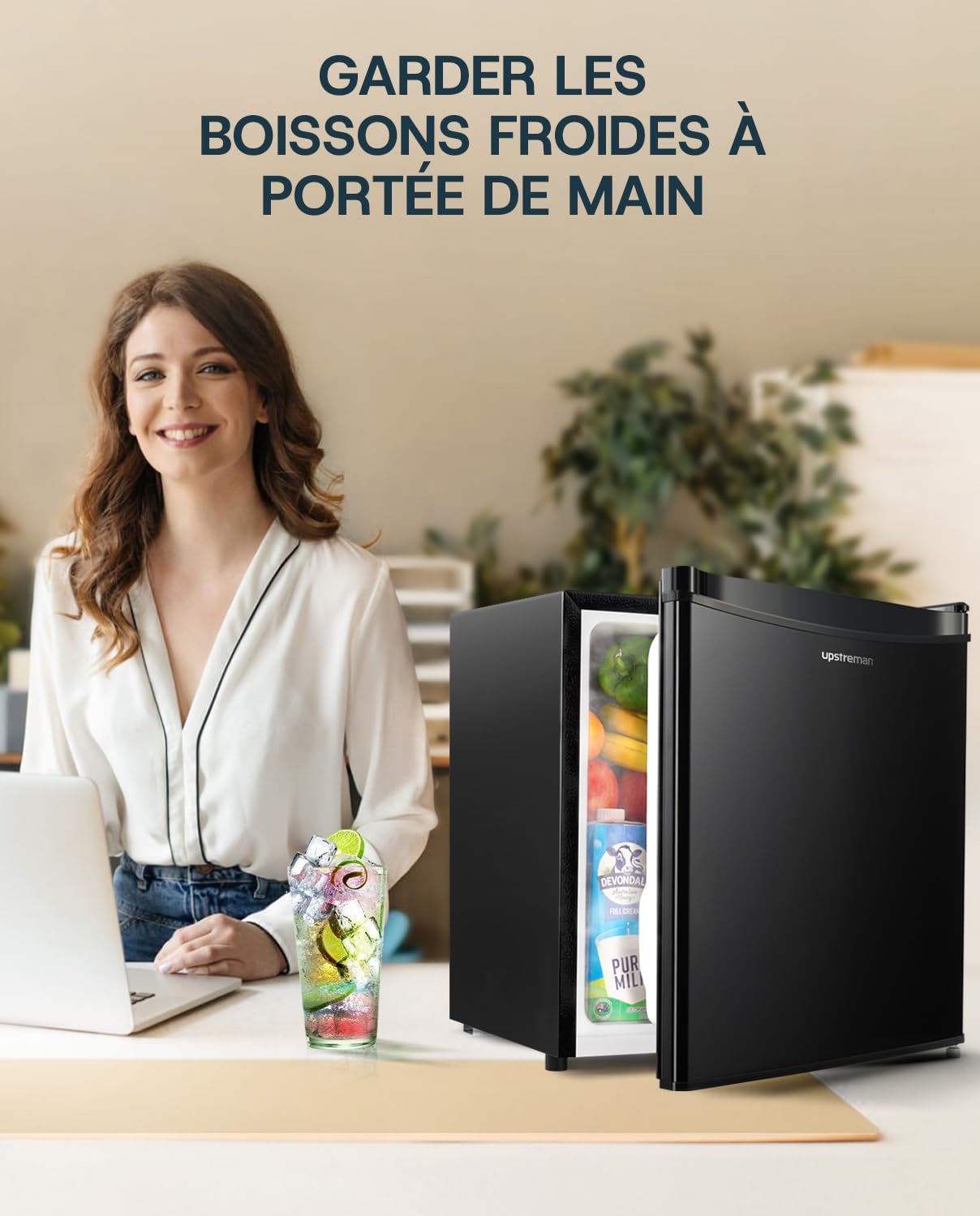 46L Mini Frigo avec Congélateur, Thermostat Réglable, Économie d'Énergie, Silencieux, Frigo Top avec une Porte Réversible, Mini bar pour Chambre, Bureau, Hôtel, Noir Brillant-FR17
