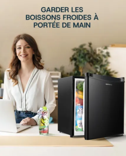 46L Mini Frigo avec Congélateur, Thermostat Réglable, Économie d'Énergie, Silencieux, Frigo Top avec une Porte Réversible, Mini bar pour Chambre, Bureau, Hôtel, Noir Brillant-FR17