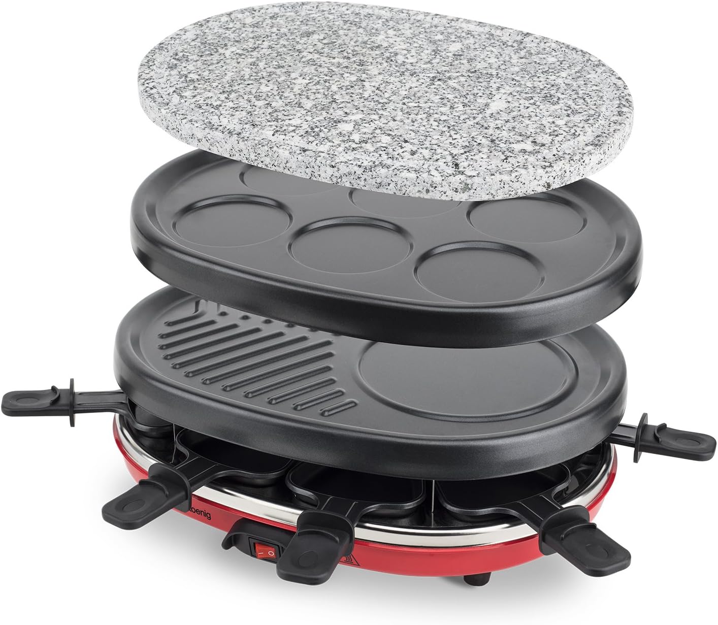 H.Koenig Appareil à raclette Multifonction 8 personnes Professionnel RP412, Pierre naturelle, 6 mini crêpes pancakes, Grill, Raclette fromage fondue, 8 poêlons antiadhésifs