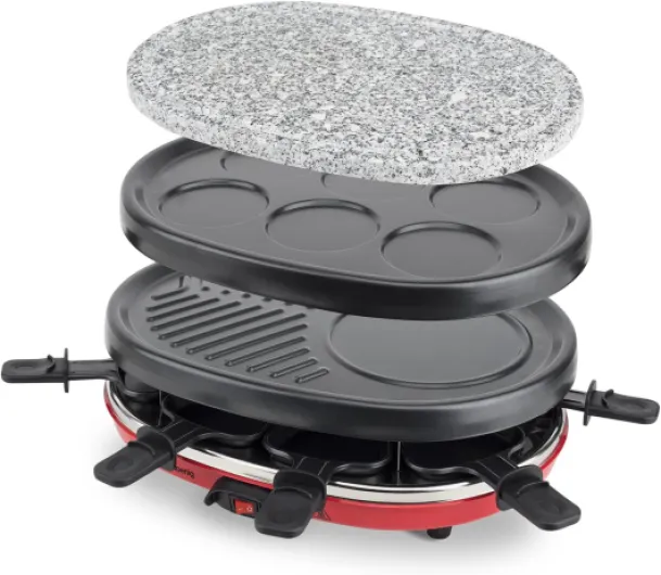 H.Koenig Appareil à raclette Multifonction 8 personnes Professionnel RP412, Pierre naturelle, 6 mini crêpes pancakes, Grill, Raclette fromage fondue, 8 poêlons antiadhésifs