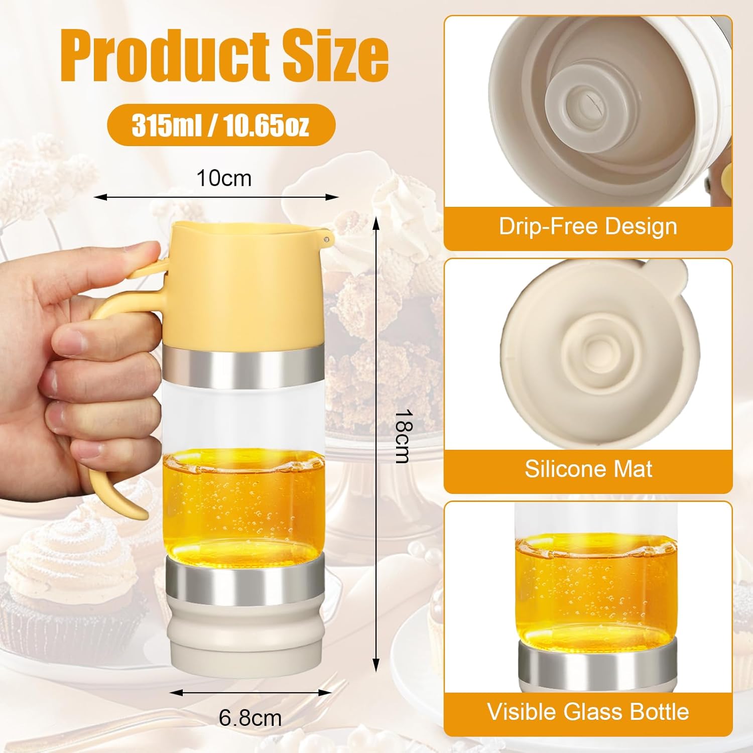 Pot de Miel en Verre, 315 ml Distributeur Miel, 10,65 Onces Distributeur Sirop avec Couvercles Supérieur et Inférieur Amovibles, pour Sirop Sucre Sauce Soja Cuisson Vin Autres liquides (Jaune)