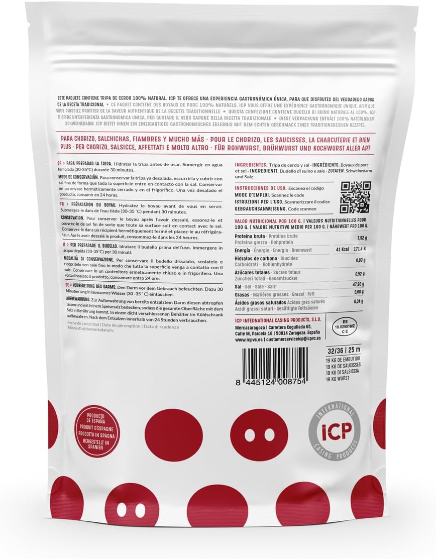 Boyaux naturels de porc pour confection de charcuterie – 25 m, calibre 32/36 - Confectionnez votre charcuterie maison - ICP