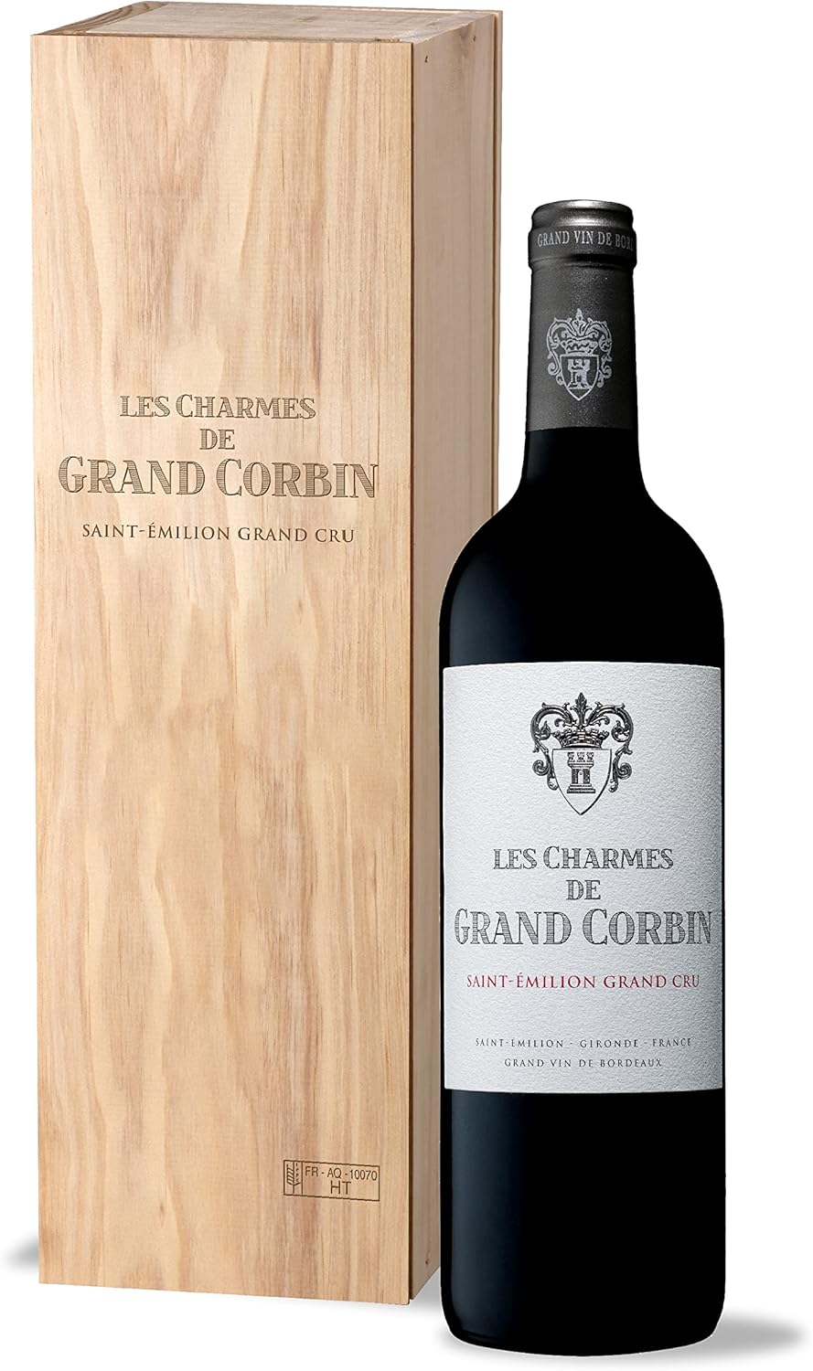 Coffret Cadeau Caisse Bois - Les Charmes De Grand Corbin - AOP Saint Emilion Grand Cru - Vin Rouge – 75cl Charmes de Grand Corbin 750ml
