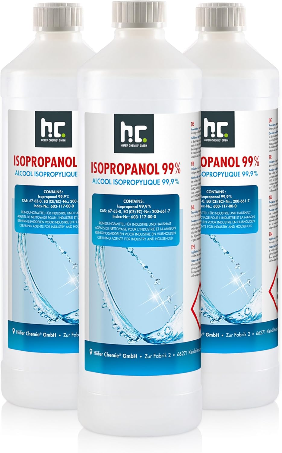 HÖFER CHEMIE Isopropanol 99,9% 3 x 1 L - Alcool Isopropylique pour le Nettoyage et le Dégraissage - Solvant Puissant - Multiusage 1 l (Lot de 3)