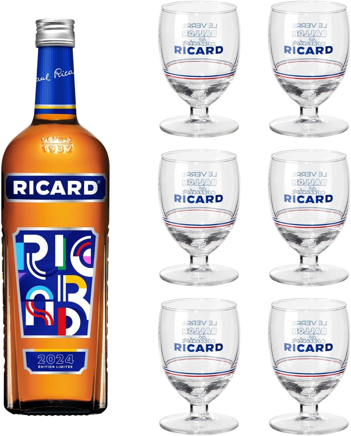 Pack Pastis de Marseille + 6 verres Apéritif anisé Edition Limitée 2024-45%, 100cl Edition 2024 + 6 verres ballons