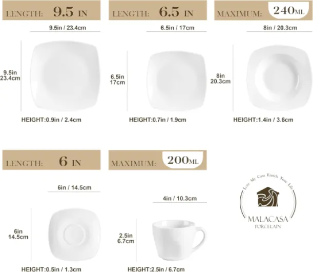 MALACASA JULIA Service de Table 12 Personnes, Service de Vaisselle 60 Pièces en Porcelaine avec Assiettes Plates, Assiettes à Dessert, Assiettes Creuses, Tasses et Soucoupes, Blanc Set de 60 Pièces