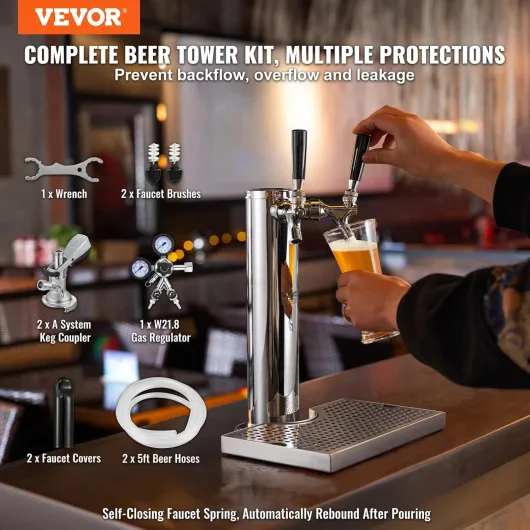 Kit Colonne à Bière Double Robinet, Distributeur de Bière Boisson en Acier Inoxydable, Tireuse à Bière avec Régulateur à Double Jauge W21,8 et Coupleur de Fût Système A, pour Bar Restaurant
