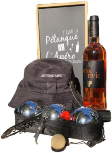 Coffret cadeau pétanque 725g complet + 1 bouteille petite envie rosé côtes de thongue 75cl.