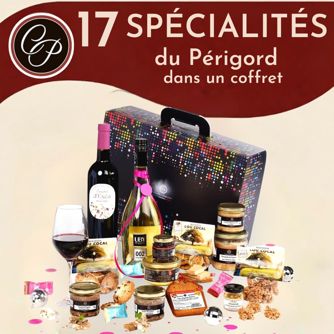 Panier Tradition Colis gourmand 2025 : coffret avec foie gras, terrines, blanquette de canard, douceurs & vins blanc Uby et rouge Exea BIO