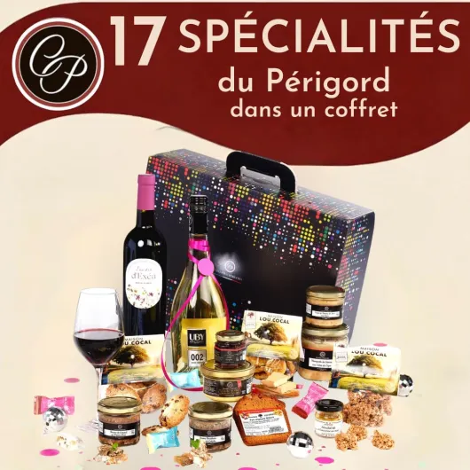 Panier Tradition Colis gourmand 2025 : coffret avec foie gras, terrines, blanquette de canard, douceurs & vins blanc Uby et rouge Exea BIO