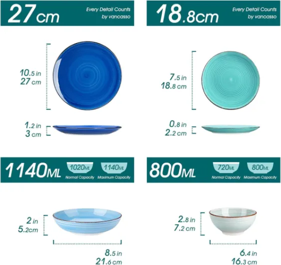 BONITA Assiettes Service de Table 24 Pièces pour 6 Personnes en Grès - 6 Assiettes Plates, 6 Dessert, 6 Creuses et 6 Bols, Style Bleu, Compatible Lave-Vaisselle et Micro-Ondes 24 pièces Bleu