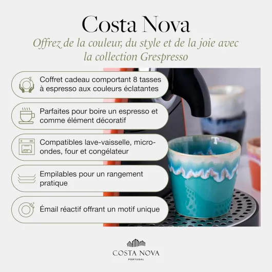 Coffret cadeau Grespresso: 8 tasses à expresso en grès fin avec glaçure réactive, empilables, multicolores, présentées dans une boîte en bois, compatibles lave-vaisselle, Ø 6,5 cm
