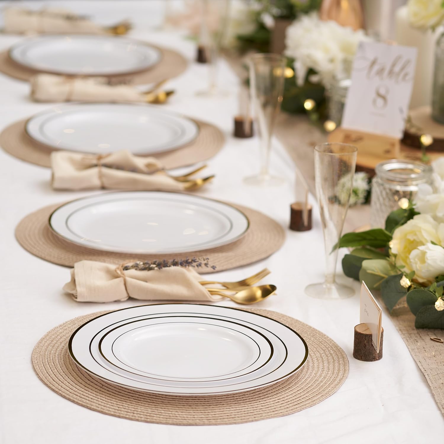 120 Assiettes en Plastique Réutilisables Blanches Premium avec Bord Doré (60 Plates, 60 Dessert) - Solide & Incassable pour Mariages, Anniversaires, Fêtes Gold 120 Pièces