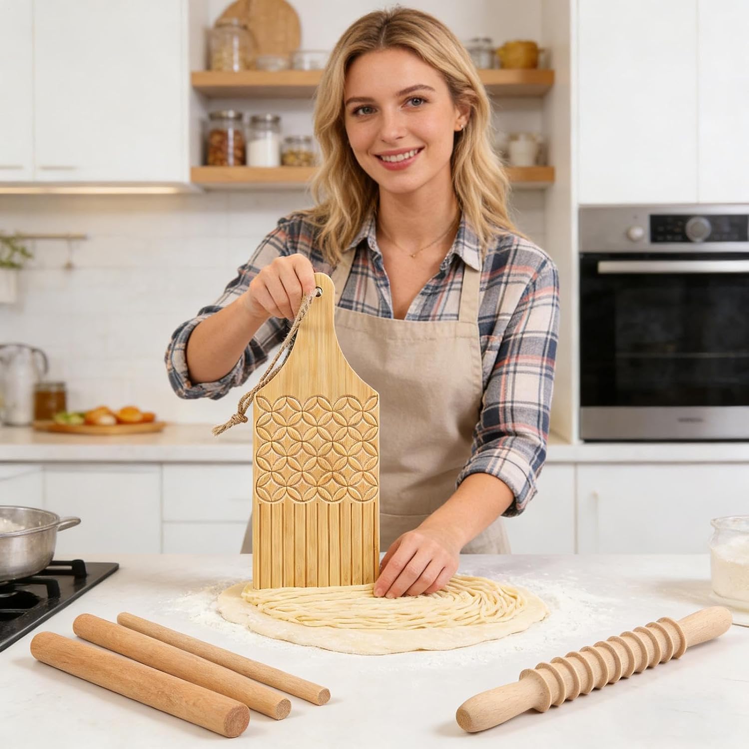 Lot de 7 tampons manuels en bois de qualité alimentaire - Outil de fabrication de pâtes - Pour pâte et pâtisseries dans la maison, le restaurant ainsi que la préparation alimentaire commerciale et la