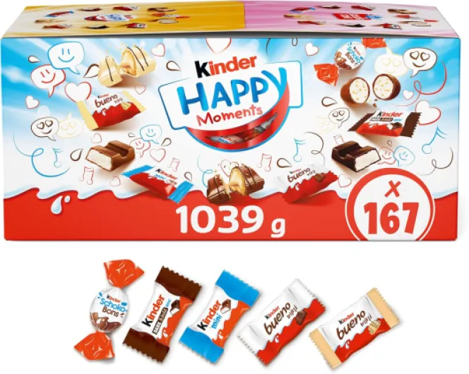 Happy Moments Mini Mix 1039g – Assortiment de 167 Chocolats Kinder Individuels (5 Variétés) – Coffret Cadeau Pâques, Noël, Anniversaire à Partager