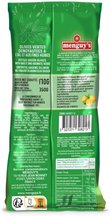 Menguy's Olives aromatisées à l'ail et fines herbes pour l'apéritif - 170g de saveurs fines et élégantes d'olives vertes - - Le Lot De 4