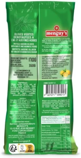 Menguy's Olives aromatisées à l'ail et fines herbes pour l'apéritif - 170g de saveurs fines et élégantes d'olives vertes - - Le Lot De 4