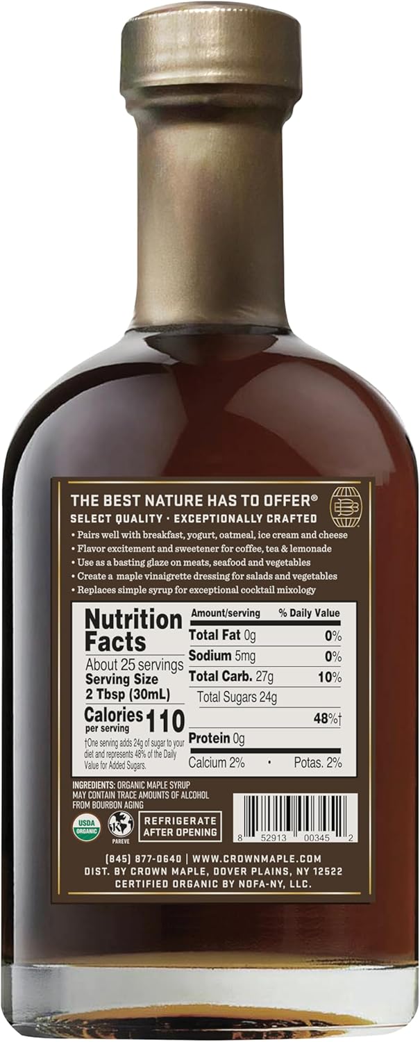 Crown Maple Bourbon Barrel Aged Organic Maple Syrup, 25 Fl Oz, Pancakes, Flavor Cocktails, Marinades and Sauces