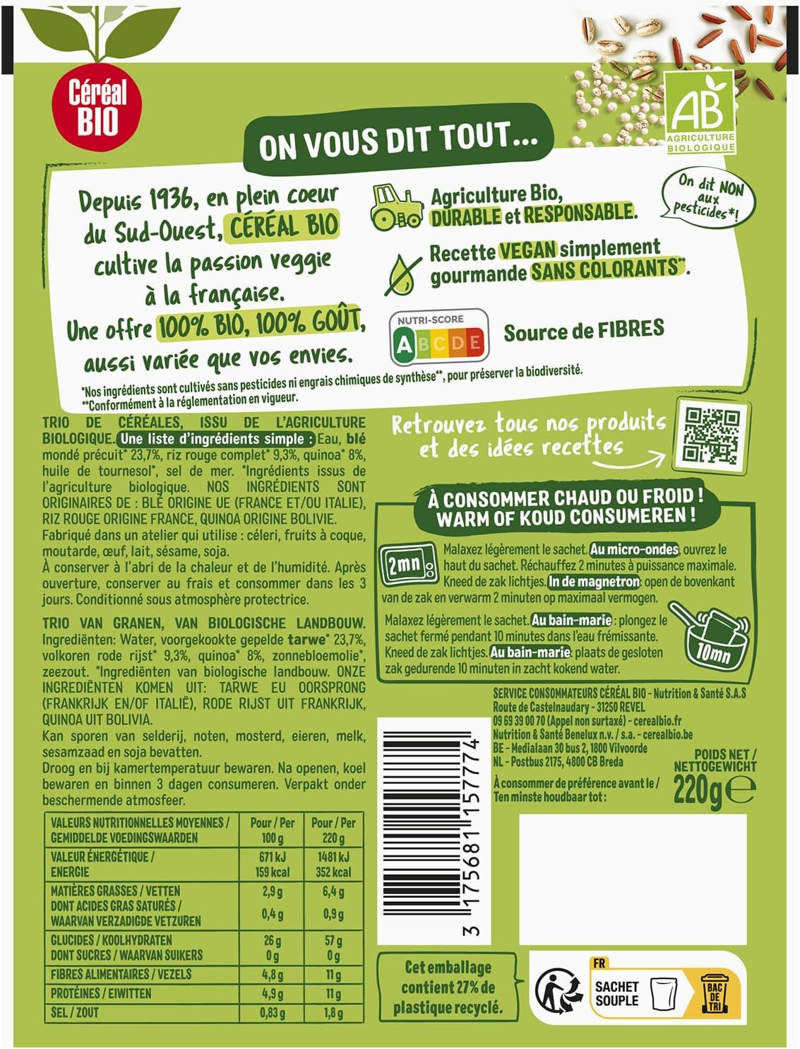 CEREAL BIO - Blé, riz rouge & quinoa bio - Fabriqué en France · Micro-Ondable - Prêt en 2 Minutes · Idéal Bureau, Pique-Nique et Repas Express - le sachet de 220 g - Le Lot De 4