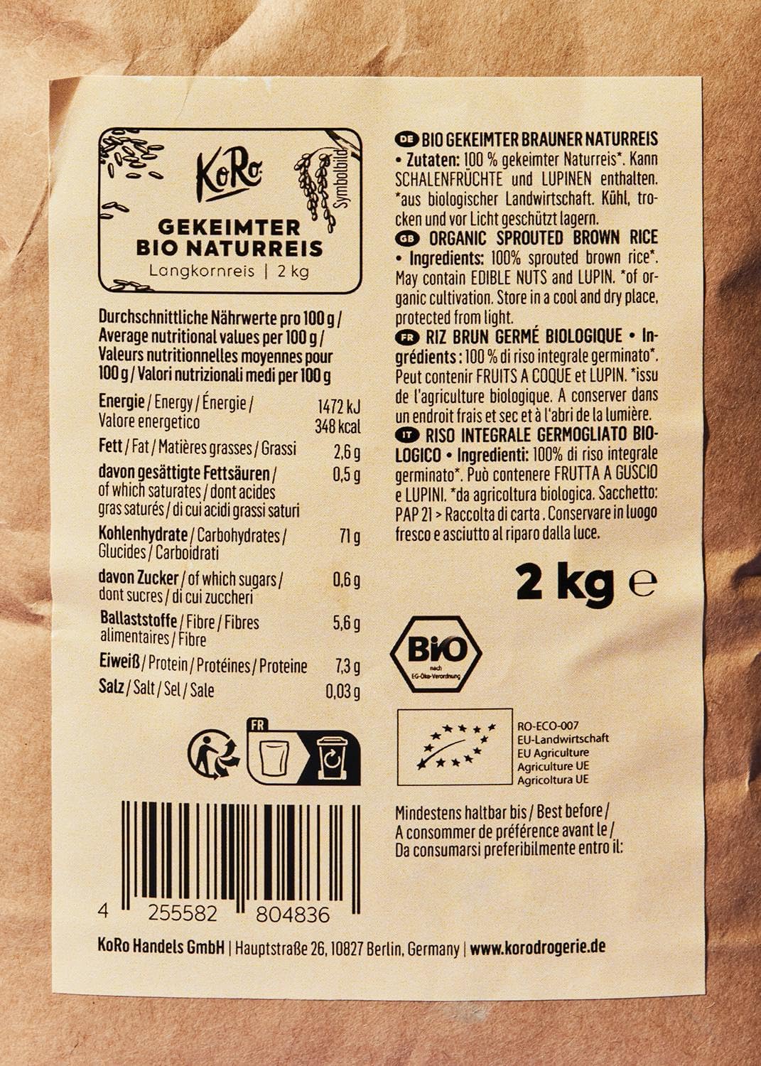Riz naturel biologique germé 2 kg - arôme intense légèrement sucré - issu de l'agriculture biologique - pack économique