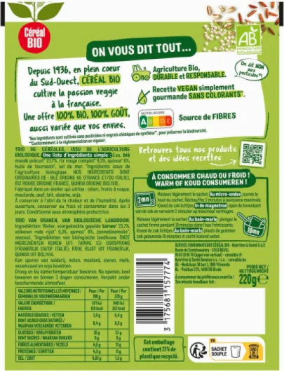 Blé, Riz Rouge, Quinoa - Plat Cuisiné Individuel Micro Onde - Bio et Vegan - 1 à 2 Personne(s) - 1 Sachet Souple 220 g (Lot de 10) Blé - Riz Rouge - Quinoa