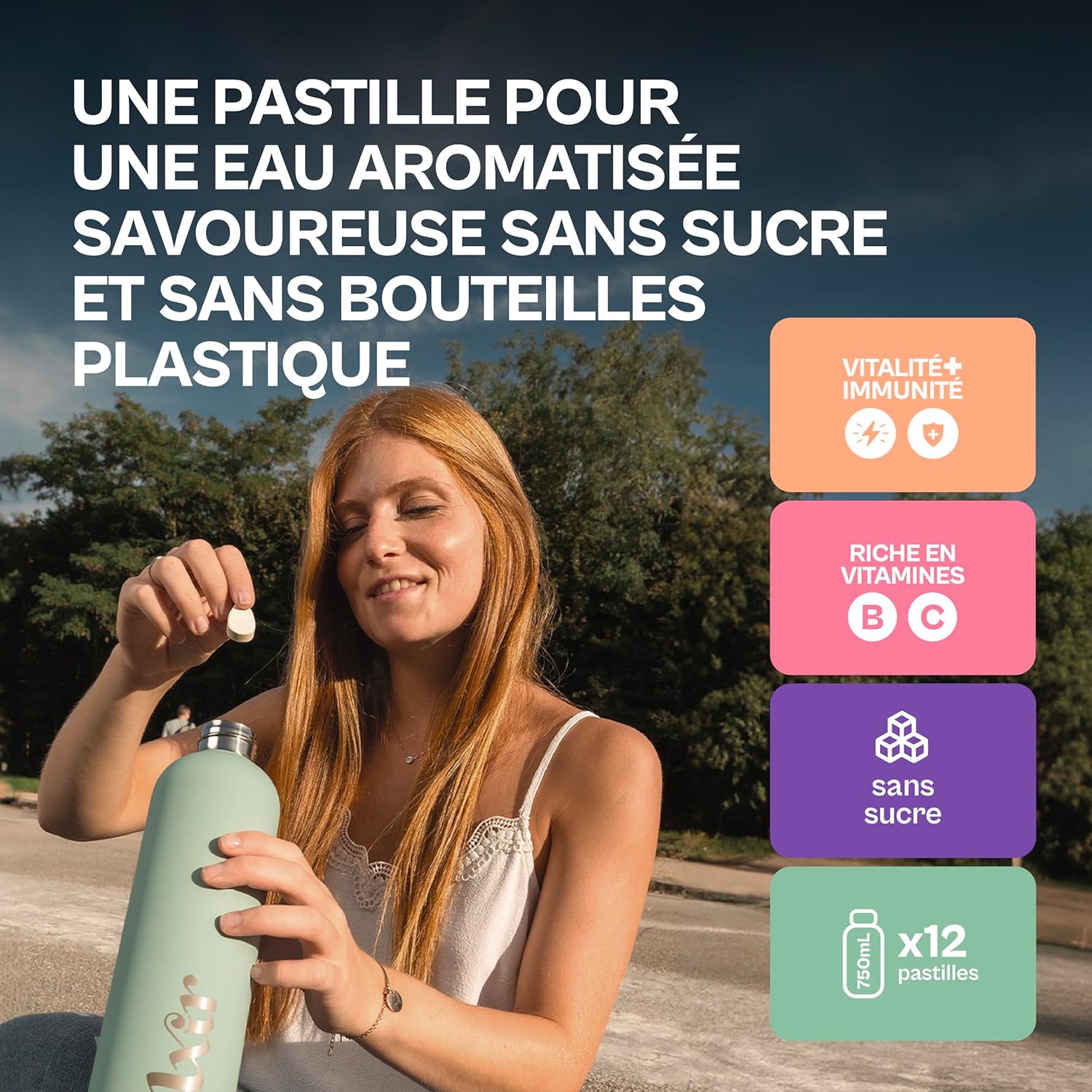 DRINK - Eau aromatisée en pastille sans sucre - Boisson multivitamines - Riche en vitamines C et B - Hydratation quotidienne - Beauté de la peau - Vitalité - 72 unités - 6 saveurs + 1 gourde VERT