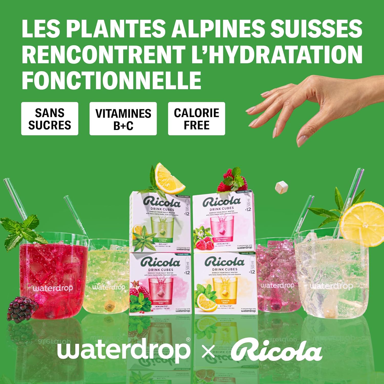 Waterdrop® x Ricola - 48 Pastilles Pour Boisson en Saveurs Verveine Citronnée, Grenade Menthe, Framboise Mélisse & Citron Menthe, Cubes de Boisson Vegan, Vitamine C & B, Eau Aromatisée Sans Sucre