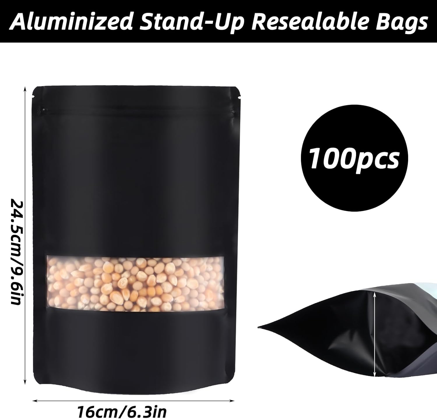 100pcs Sachets Mylar 16 x 24 cm, Sachets en Mylar Refermables avec Fenêtre en Aluminium pour Conservation des Aliments, Noir