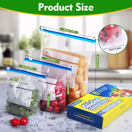 Lot de 50 sacs de congélation réutilisables 3 tailles (1 l, 2,25 l, 4,55 l) pour la cuisson par lots, fruits, légumes, viande, collations, sacs à sandwich sans BPA avec fermeture éclair et fond