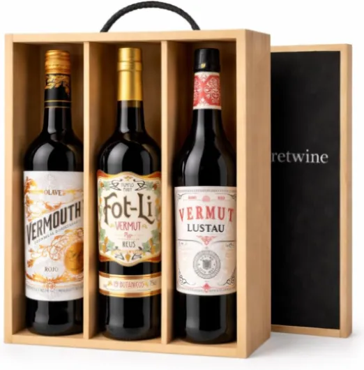 Coffret Vermouth Premium avec Caisse en Bois – Olave Vermouth Rojo, Fot-Li Vermut Rojo Reus et Lustau Vermut Rojo – MYSECRETWINE-