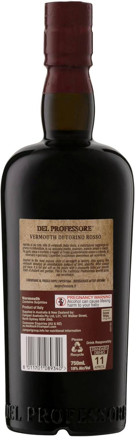 DEL PROFESSORE - Vermouth Rosso - 18 % Alcool - Origine : Italie/Piémont - Bouteille 75 cl