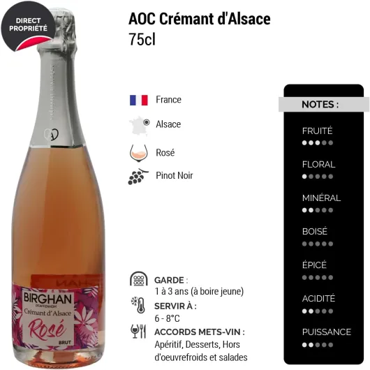 Crémant d'Alsace Brut - Rosé - Birghan - Vin Rosé d' Alsace (6x75cl) Effervescent