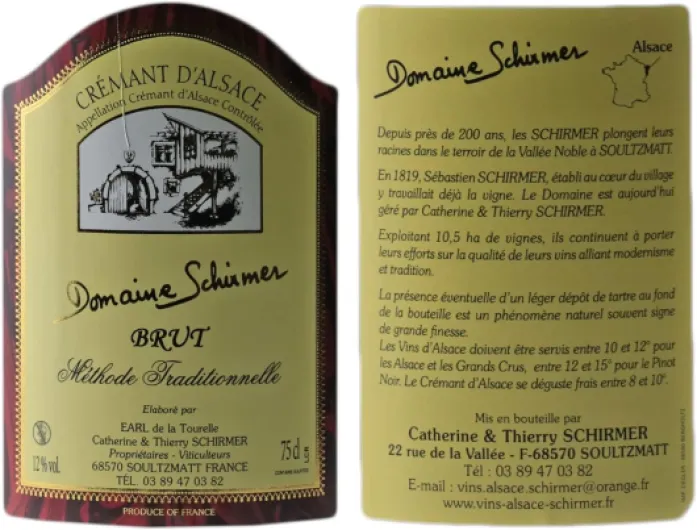 Crémant d'Alsace Méthode Traditionnelle BRUT - Blanc - Domaine Schirmer - Vin Blanc d' Alsace (6x75cl) Effervescent