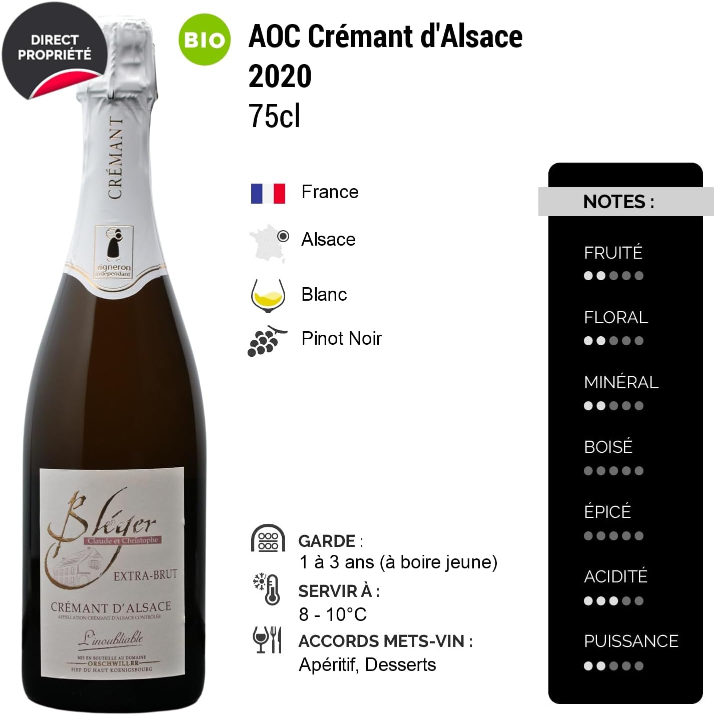 Crémant d'Alsace Extra-Brut L'inoubliable - Blanc 2020 - Domaine Claude et Christophe Bléger - Vin Blanc d' Alsace (6x75cl) BIOEffervescent
