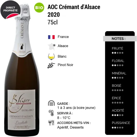 Crémant d'Alsace Extra-Brut L'inoubliable - Blanc 2020 - Domaine Claude et Christophe Bléger - Vin Blanc d' Alsace (6x75cl) BIOEffervescent