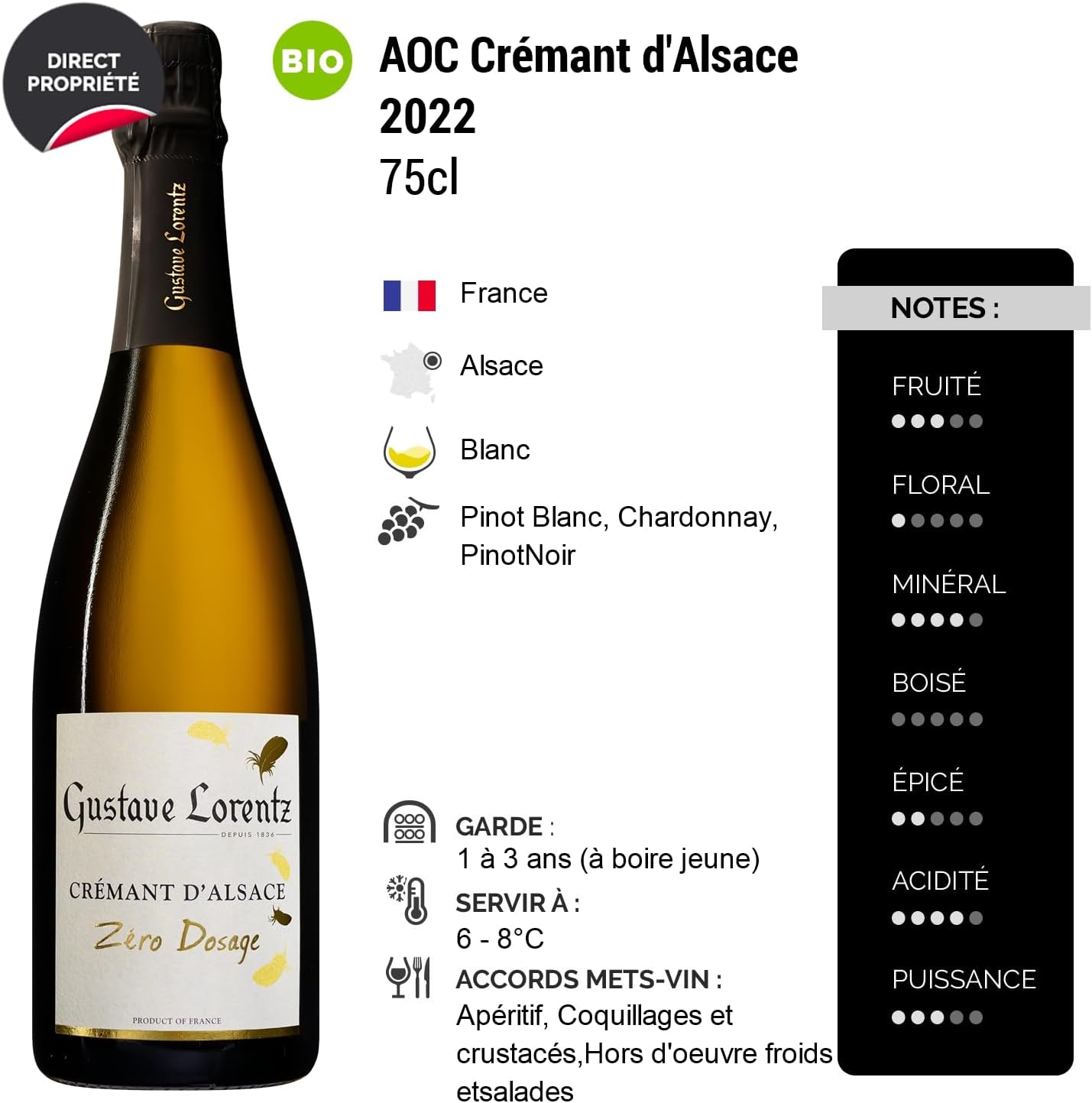 Crémant d'Alsace Zéro Dosage - Blanc 2022 - Gustave Lorentz - Vin Blanc d' Alsace (6x75cl) BIOEffervescent