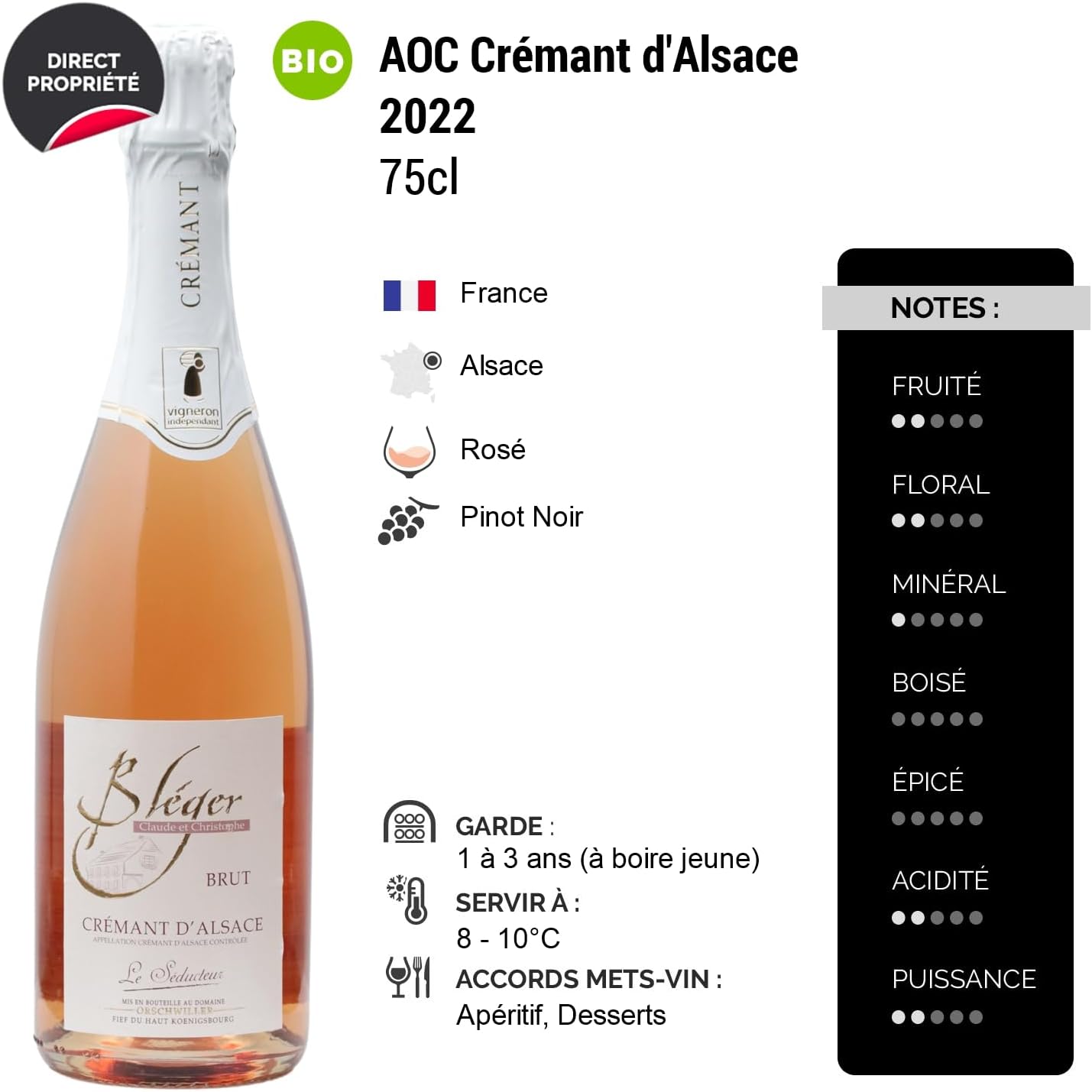 Crémant d'Alsace Le Séducteur - Rosé 2022 - Domaine Claude et Christophe Bléger - Vin Rosé d' Alsace (6x75cl) BIOEffervescent