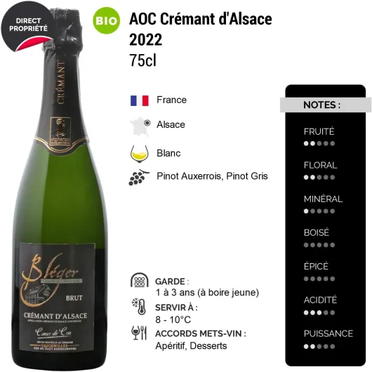 Crémant d'Alsace Brut Coeur de Cru - Blanc 2022 - Domaine Claude et Christophe Bléger - Vin Blanc d' Alsace (6x75cl) BIOEffervescent